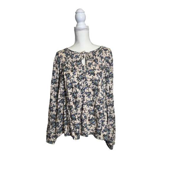 Lucky Brand Tops - Lucky Brand Women's Tan and Blue Floral Long Sleeve Blouse Size XXL